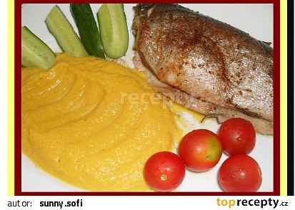 Bylinkový pstruh s mrkvovým krémem - dělená strava (zvířátka)