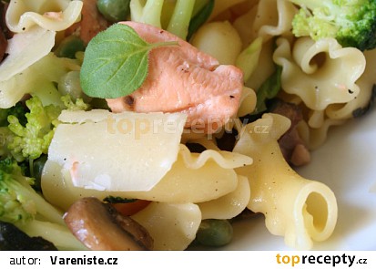 Těstoviny fiorelli s lososem, zelenou zeleninkou a houbami