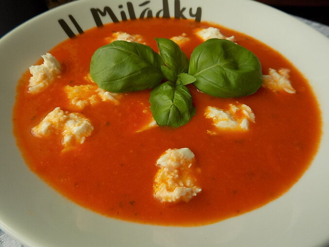 Rajčatová polévka s bazalkou a mozzarellou