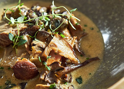 Pečené telecí hrudí s hříbkovou omáčkou podle Honzy Punčocháře