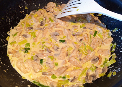 Smetanové kuřecí nudličky se žampiony, pórkem a pomerančovou šťávou