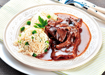 Roštěná na houbách s hráškovou rýží