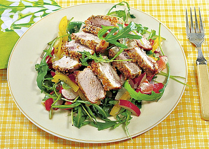 Krůtí medailonky v sezamovém kabátku se zeleninovým salátem